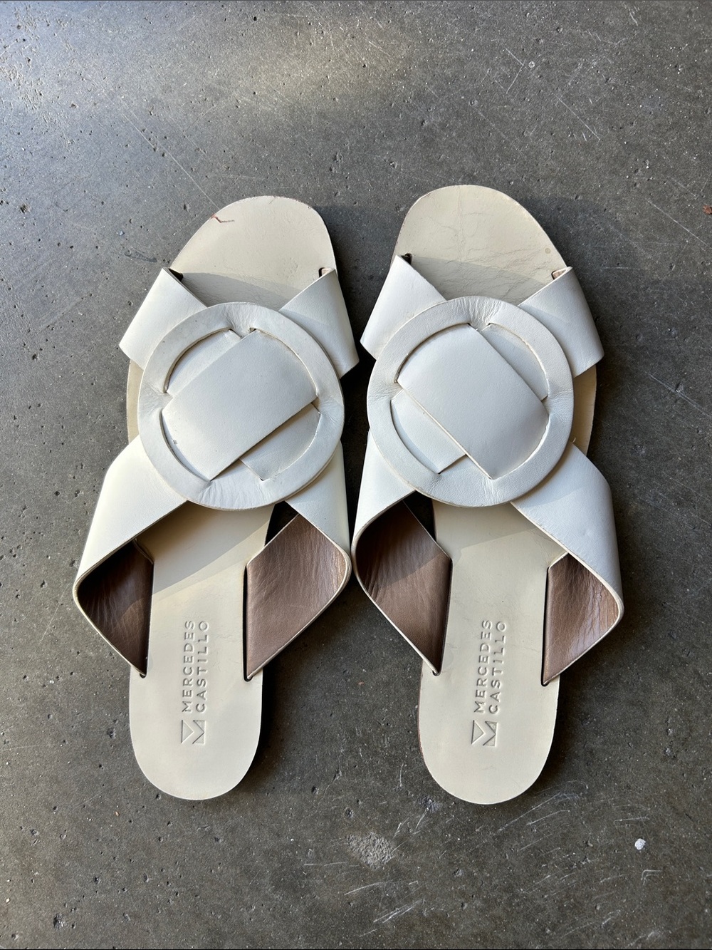 MERCEDES CASTILLO Cream Leather Slide Sandals with Round Buckle Detail
